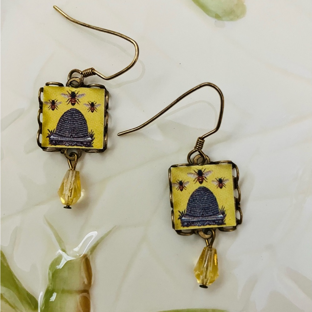 Lemon Tree Yellow Beehive Print Square Lace Brass Earrings